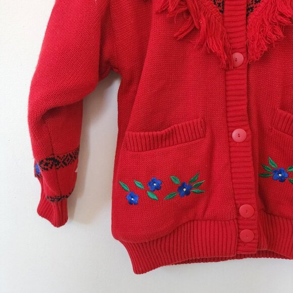 Vintage 80s Red Womens Exotic Fringe Button Down Cardigan Floral Sweater Small - Picture 4 of 7